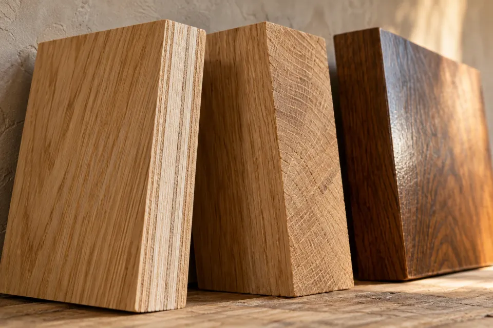 Illustration: wood samples showing visible layers, end grain and different finishes.