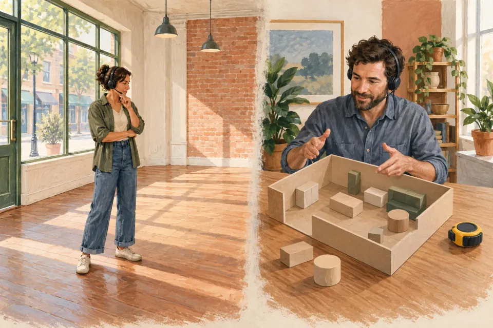 Editorial illustration: A person wearing a headset stands in an empty shop while an adviser with a headset presents a simple room model.
