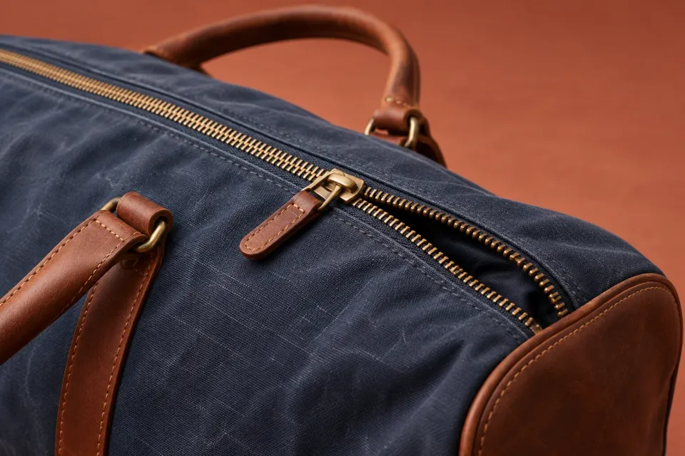 Editorial illustration: Close-up of a brass-coloured zip on a navy bag with brown leather details.