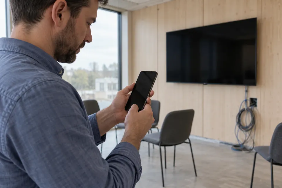 Editorial illustration: A person uses a phone in a meeting room with chairs, an unlit wall screen and loose installation cables.