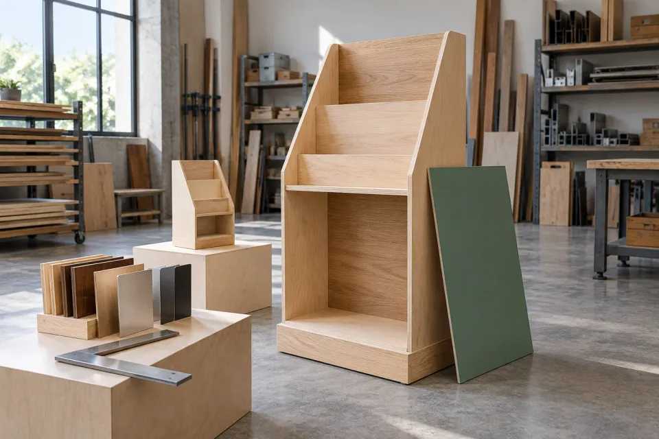 Editorial illustration: A timber display stand with a smaller model, material samples and a green panel in a workshop.