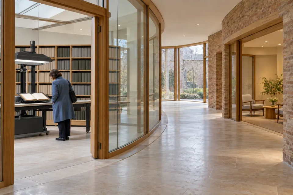 Editorial illustration: A visitor beside a book scanner and an open corridor leading to a seating area.
