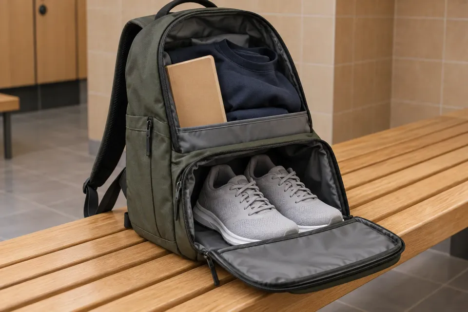 Editorial illustration: An open green backpack holds training shoes in a separate lower compartment, with a notebook and sweatshirt above.