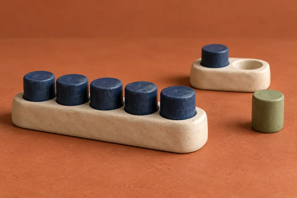Editorial illustration: Blue cylinders fill a ceramic row, while a separate holder has an empty socket beside a green cylinder.