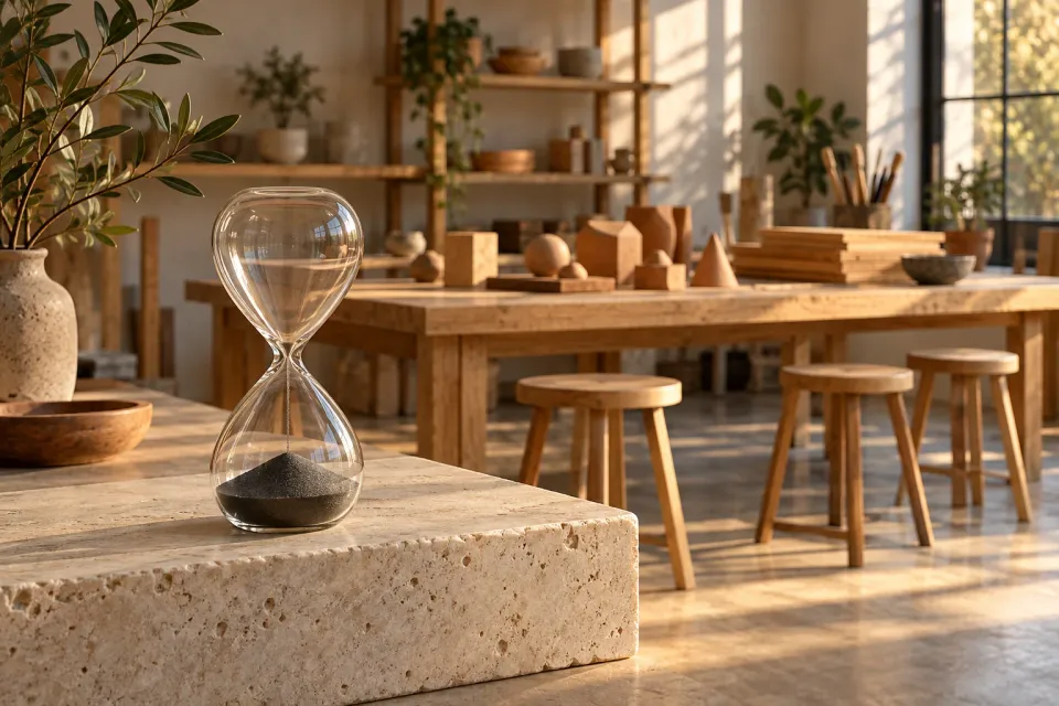 Editorial illustration: An hourglass with dark sand stands before a prepared design workbench with wooden models and empty stools.