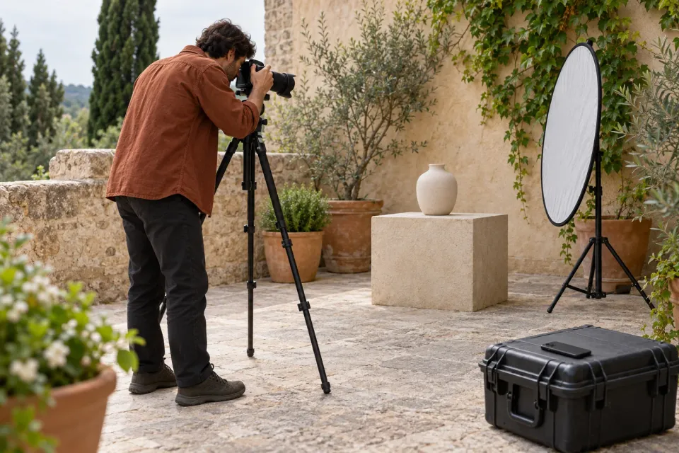 Editorial illustration: A photographer works with a camera and reflector on a terrace while a phone rests on an equipment case.