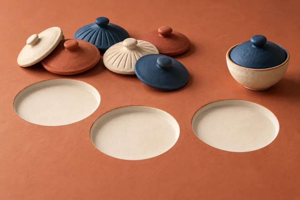 Editorial illustration: Empty round recesses, several ceramic lids and a single bowl on a terracotta-coloured surface.