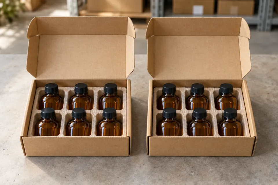 Illustration: two open packs containing six identical glass bottles each.