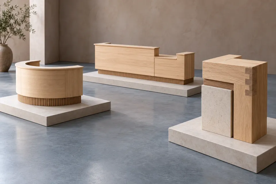 Editorial illustration: Two reception desk models and a larger timber-joint sample stand on separate plinths.