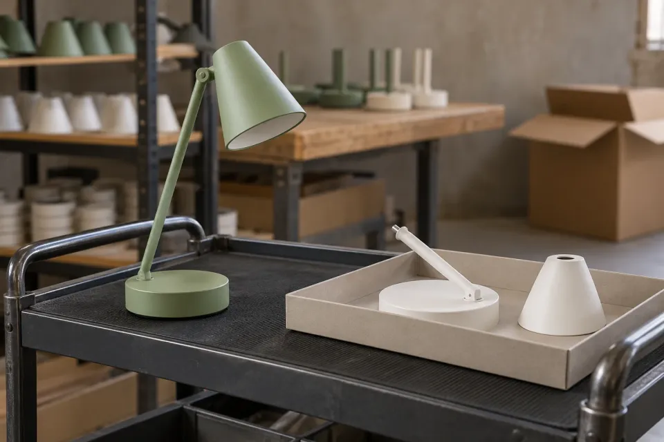 Editorial illustration: An assembled green reading lamp stands beside white lamp components in a tray on a workshop trolley.