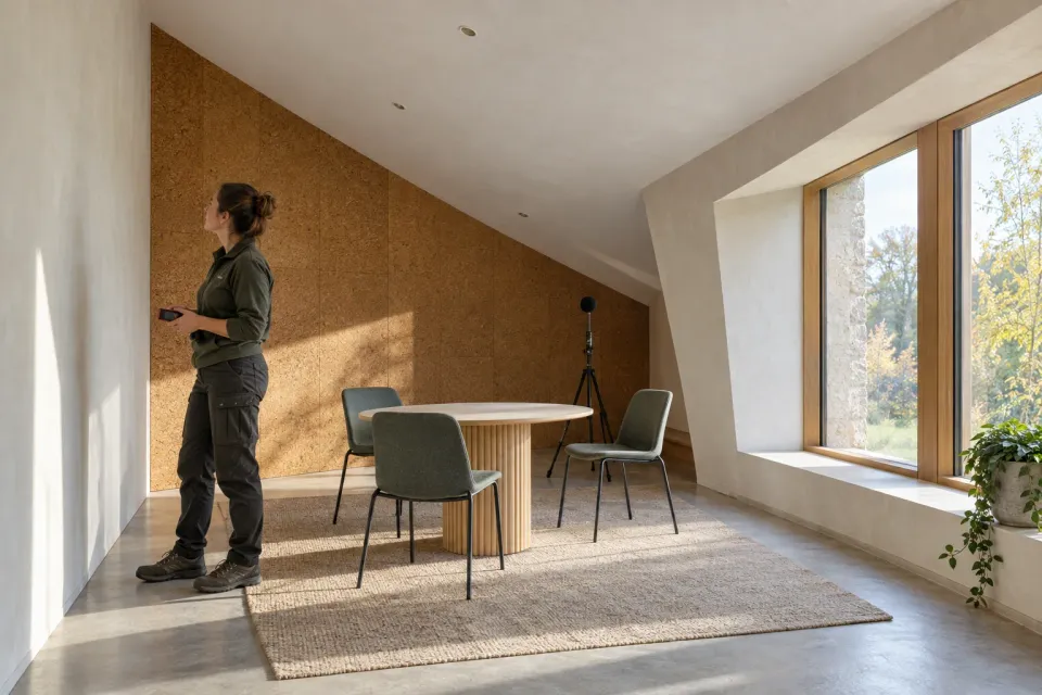 Editorial illustration: A person with a distance meter surveys a meeting room with a sloping ceiling and a tripod microphone.