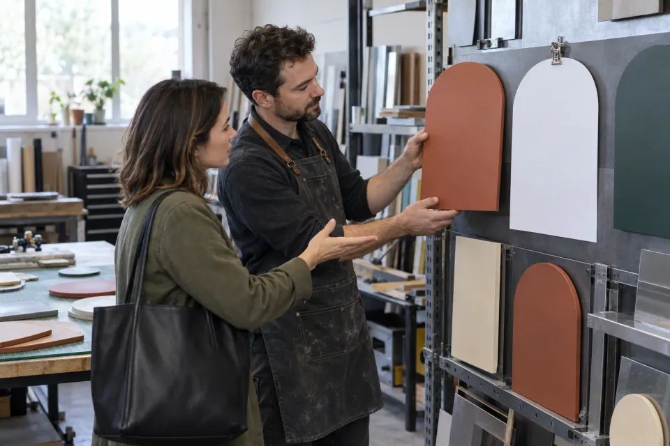 Editorial illustration: Two people compare a terracotta sign shape with a white proof shape in a workshop.