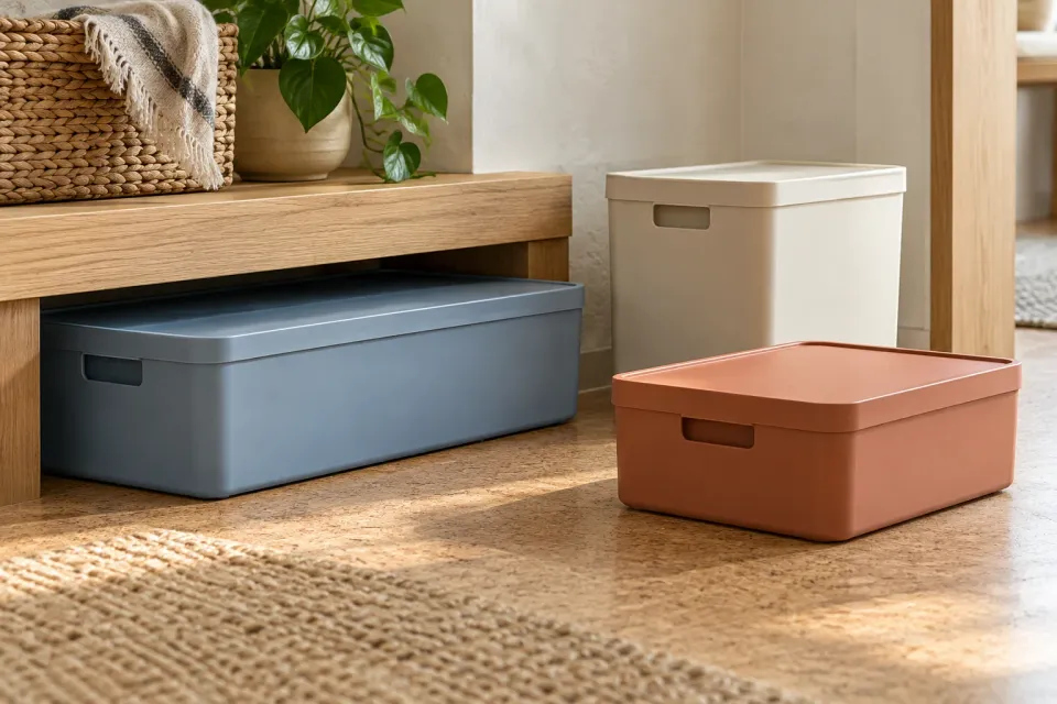 Editorial illustration: Three storage boxes with different proportions, including a low blue box beneath a wooden bench.