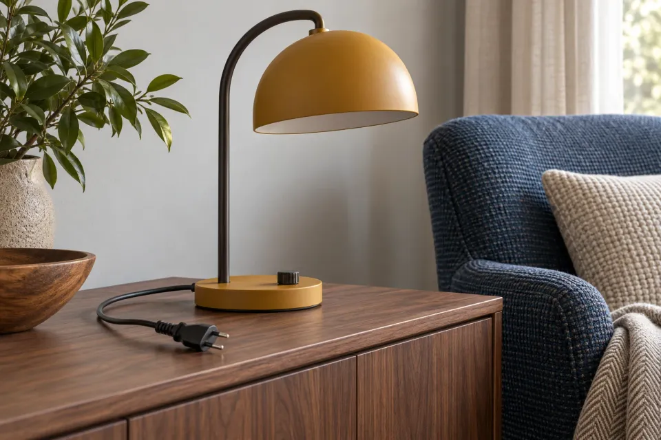 Editorial illustration: An unlit ochre table lamp with a rotary control and unplugged cord beside a blue armchair.
