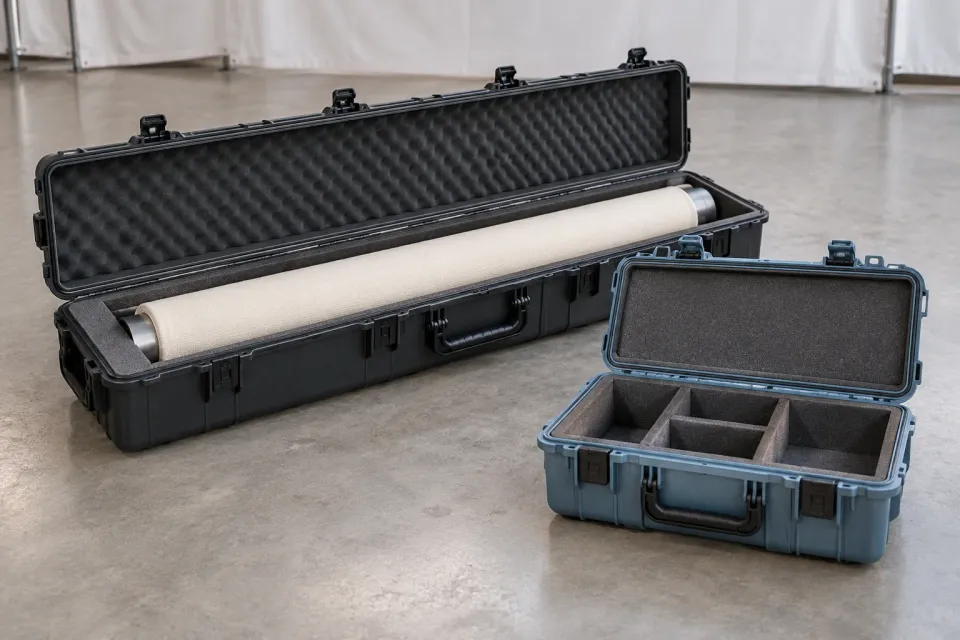Editorial illustration: A long open transport case holds a fabric roll, while a shorter case beside it has several fixed compartments.