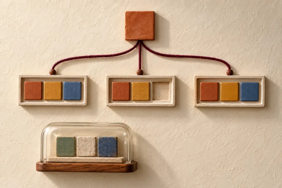 Editorial illustration: A thread connects three frames of coloured tiles while an earlier arrangement sits separately under glass.