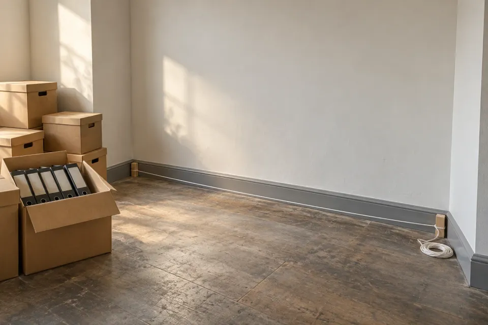 Editorial illustration: An empty office wall with a white cord along the skirting and archive cartons containing binders beside it.
