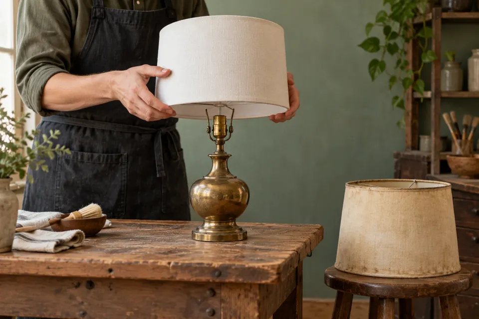 Editorial illustration: A person holds a light lampshade over an older brass table lamp while a yellowed shade rests on a stool.