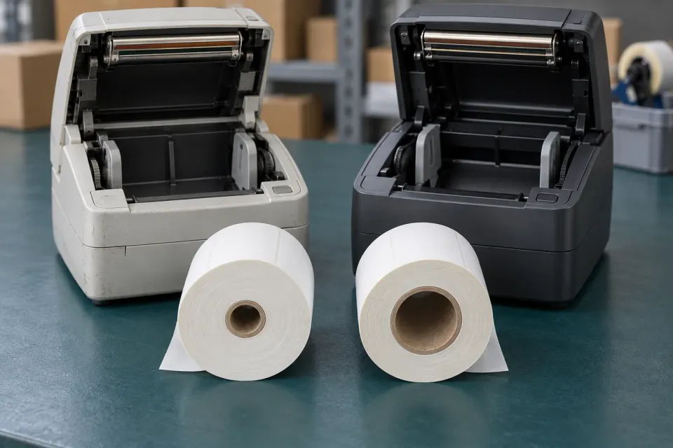 Editorial illustration: Two open label printers stand behind white label rolls with different core-hole sizes.
