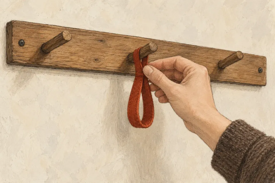 Editorial illustration: A hand holds a rust-colored cloth loop at a wooden peg, with empty pegs on either side.