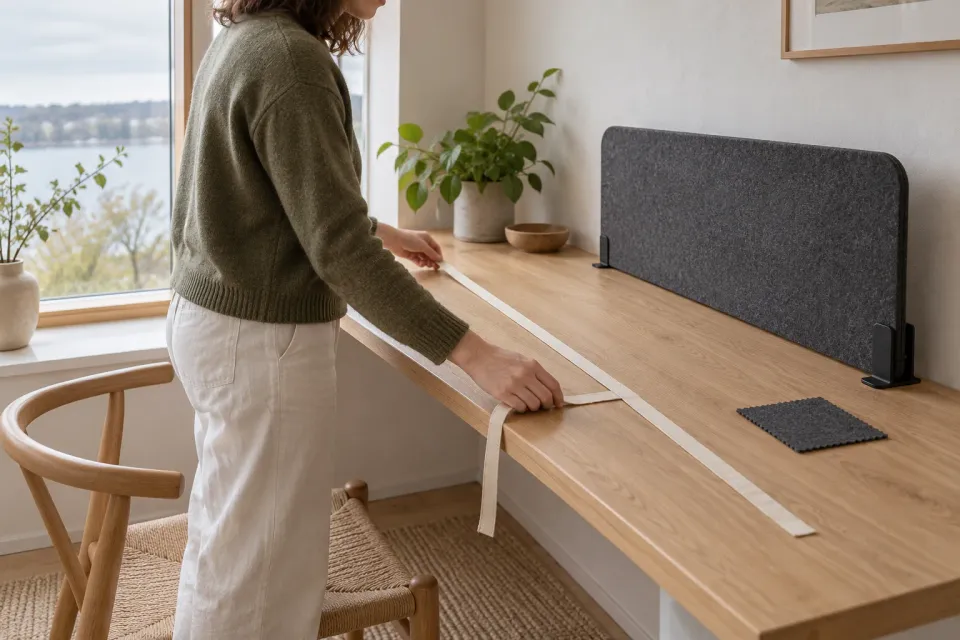 Editorial illustration: A person measures an oak worktop with a pale tape beside a grey desk screen and fabric swatch.