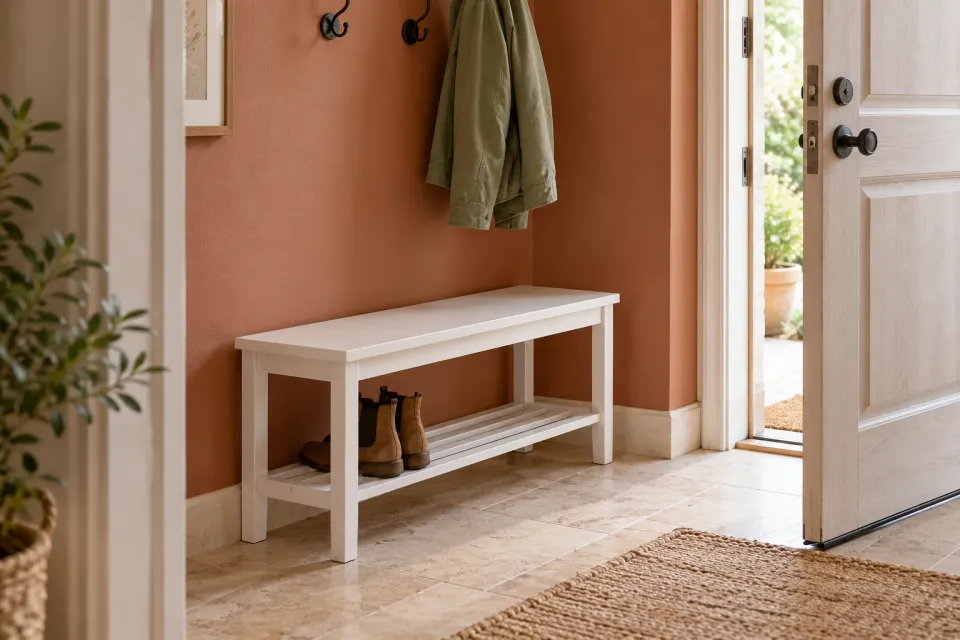 Editorial illustration: A slim white hallway bench stands beside an open door, with shoes underneath and a jacket on the wall.