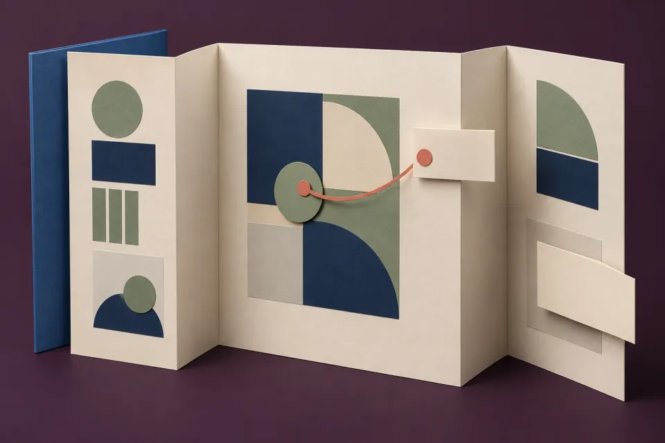 Editorial illustration: An open folded document with geometric shapes has a coral strip linking content to a raised flap.