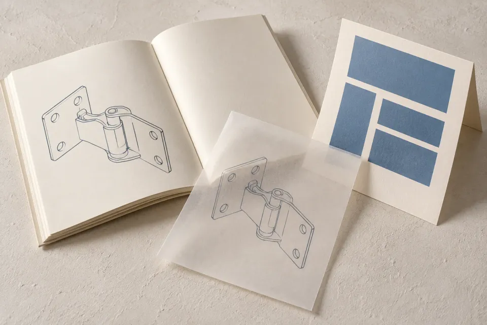 Editorial illustration: An open manual with a hinge drawing, a separate translucent illustration sheet and a folded page with blue layout blocks.