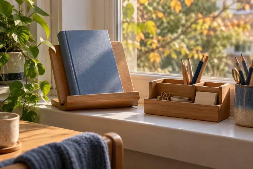 Editorial illustration: A book stand and small pencil organiser sit beside a window with autumn leaves outside.