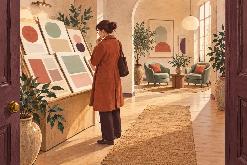 Editorial illustration: A visitor studies abstract layout samples with two conversation chairs farther into the room.