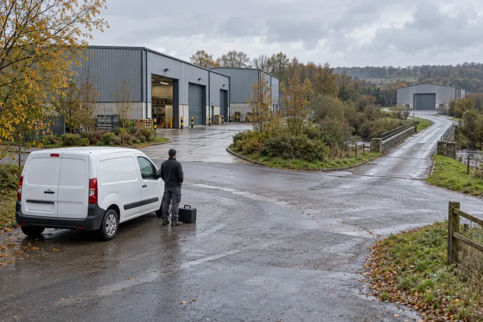 Editorial illustration: A technician and an unmarked service van stand where a road divides between industrial buildings and a narrow bridge.