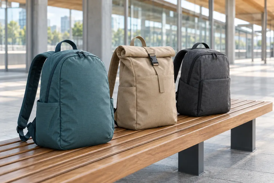 Editorial illustration: Three different backpacks in teal, beige and charcoal stand on a timber bench in a bright station setting.