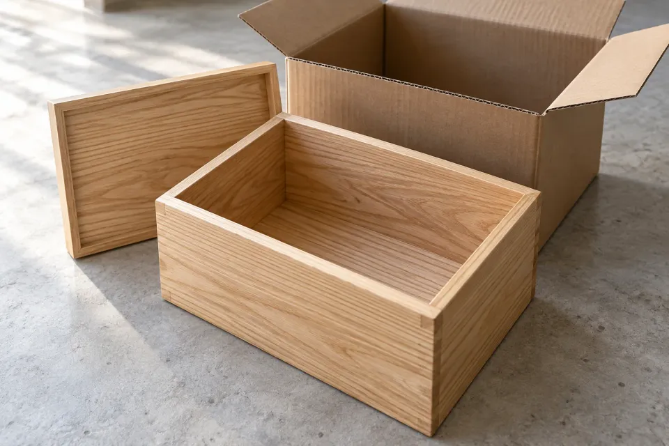 Editorial illustration: An open wooden storage box with visible wall thickness and a lid in front of a larger carton.