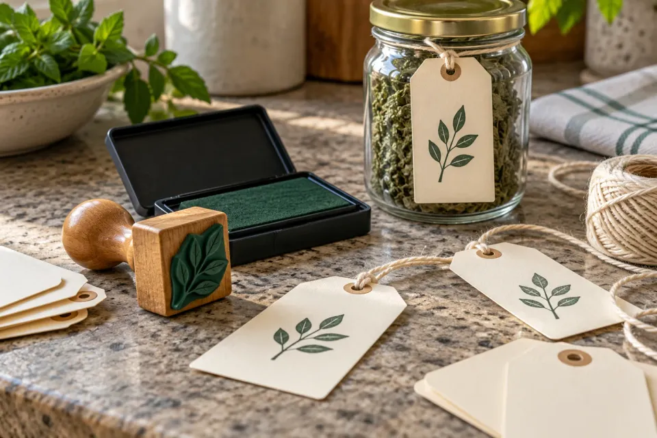 Editorial illustration: A leaf stamp, ink pad, blank and stamped tags, and string sit beside a glass jar.