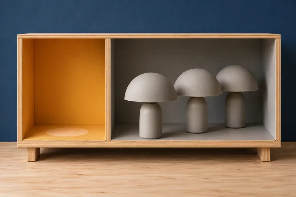 Editorial illustration: An empty amber shelf compartment sits beside a compartment holding three grey table lamps.