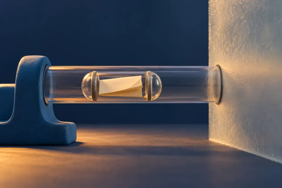 Editorial illustration: A clear capsule containing a blank envelope sits in a glass tube that enters a frosted wall.