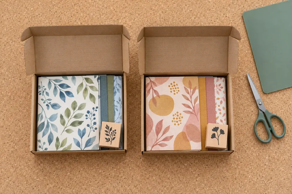 Editorial illustration: Two open boxes contain patterned papers and one wooden stamp each in different colour themes, with scissors and a cutting mat outside.