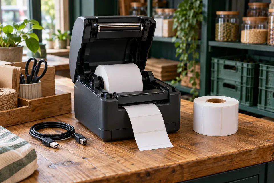 Editorial illustration: An open label printer with blank labels, a loose cable and a spare roll on a shop counter.