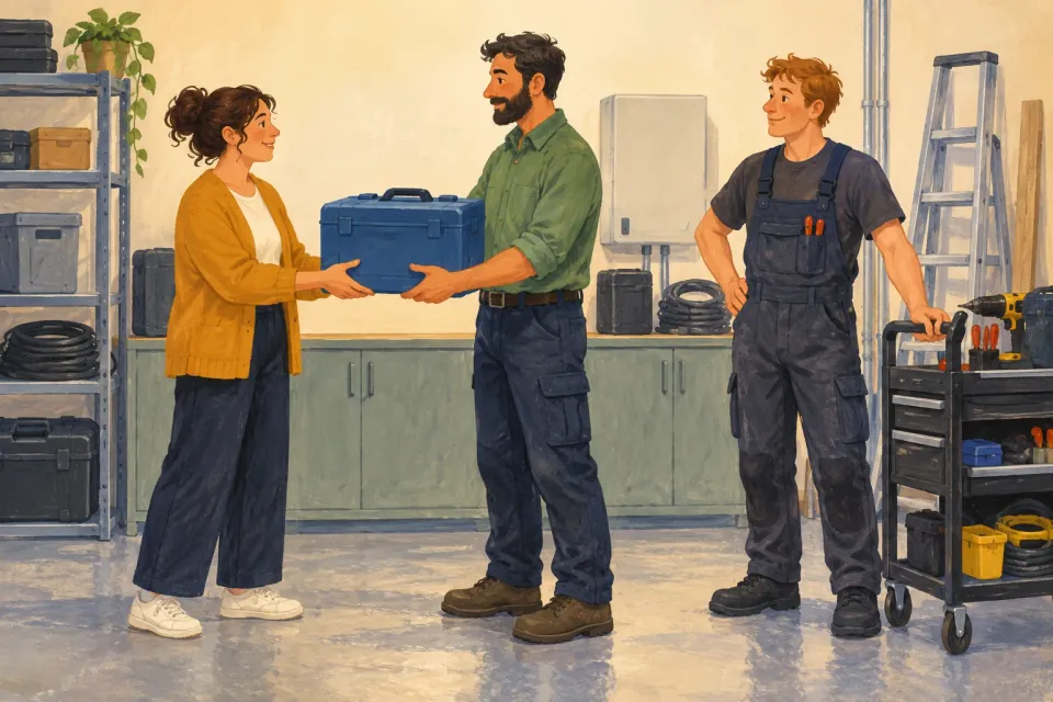 Editorial illustration: Three drawn people hand over a blue equipment case beside a tool trolley.