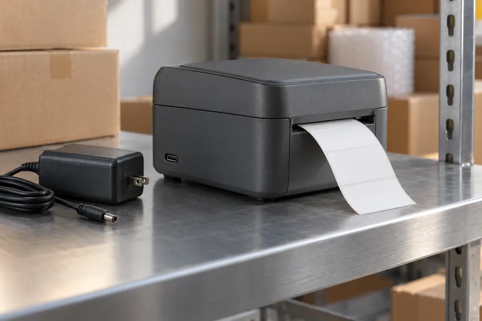 Editorial illustration: A label printer with blank labels, a visible port and a separate power adapter on a metal shelf.