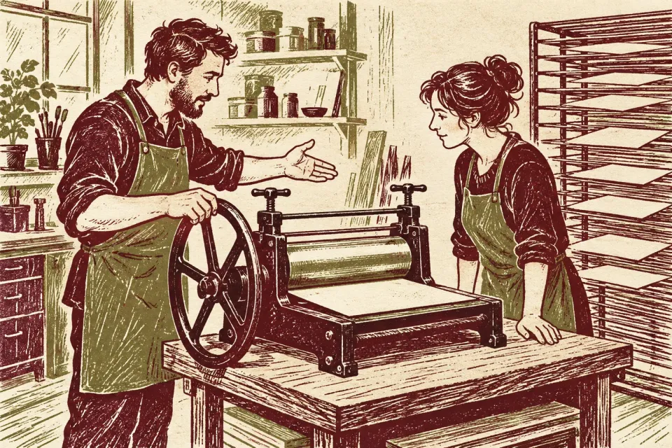 Editorial illustration: Two people in aprons discuss a small printing press in a workshop with a drying rack and ink jars.
