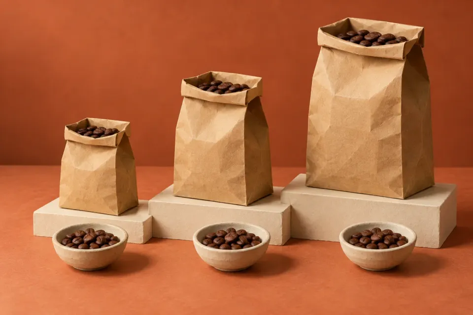 Editorial illustration: Three paper coffee bags in different sizes stand behind three matching small bowls of beans.