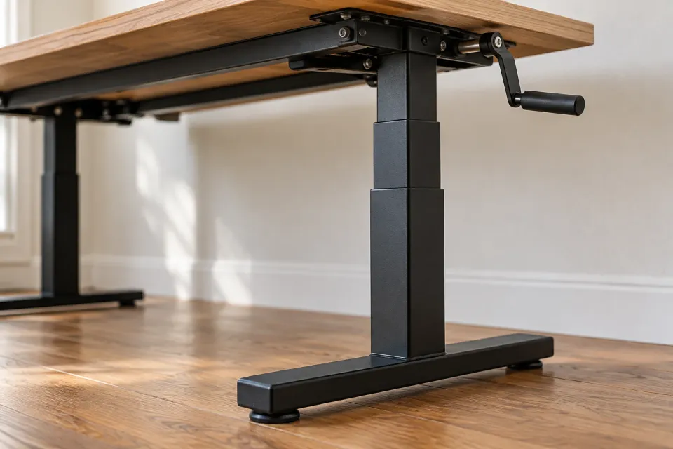 Editorial illustration: A telescoping metal column and a crank are visible beneath a wooden desktop.