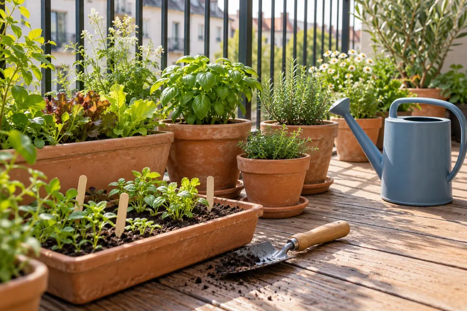 Editorial illustration: Seedling trays, pots with saucers, a hand trowel and a blue watering can on a balcony.