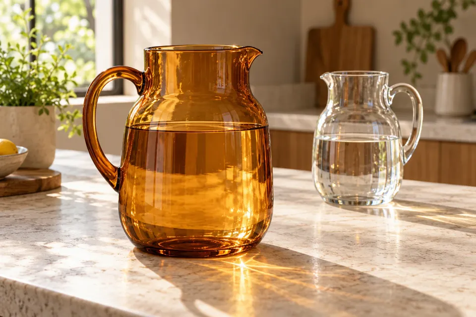 Editorial illustration: A large amber glass jug and a smaller clear jug on a pale kitchen counter.