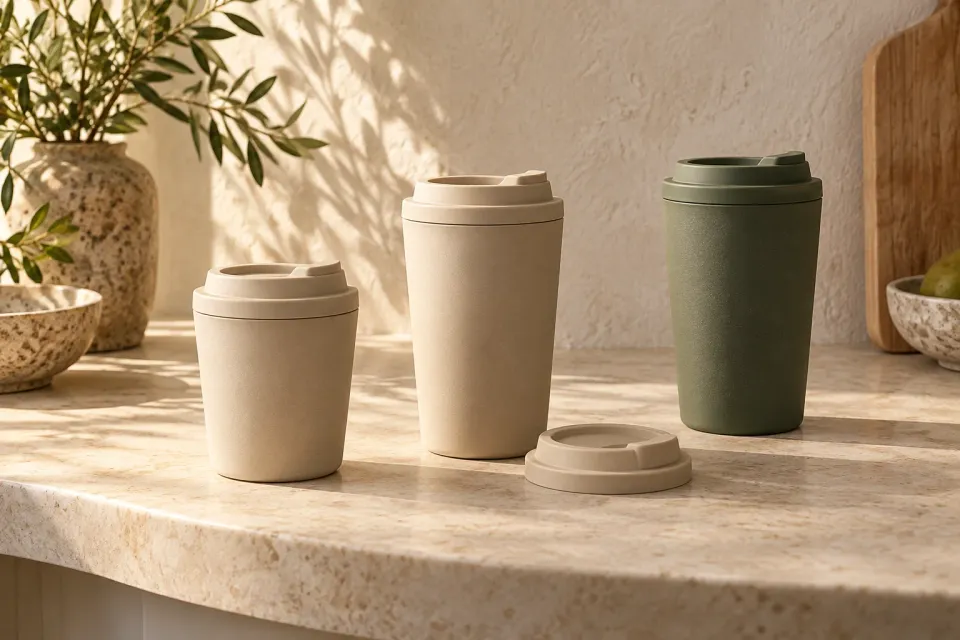 Editorial illustration: Three reusable cups in two colours and different sizes, with a spare lid on a stone counter.