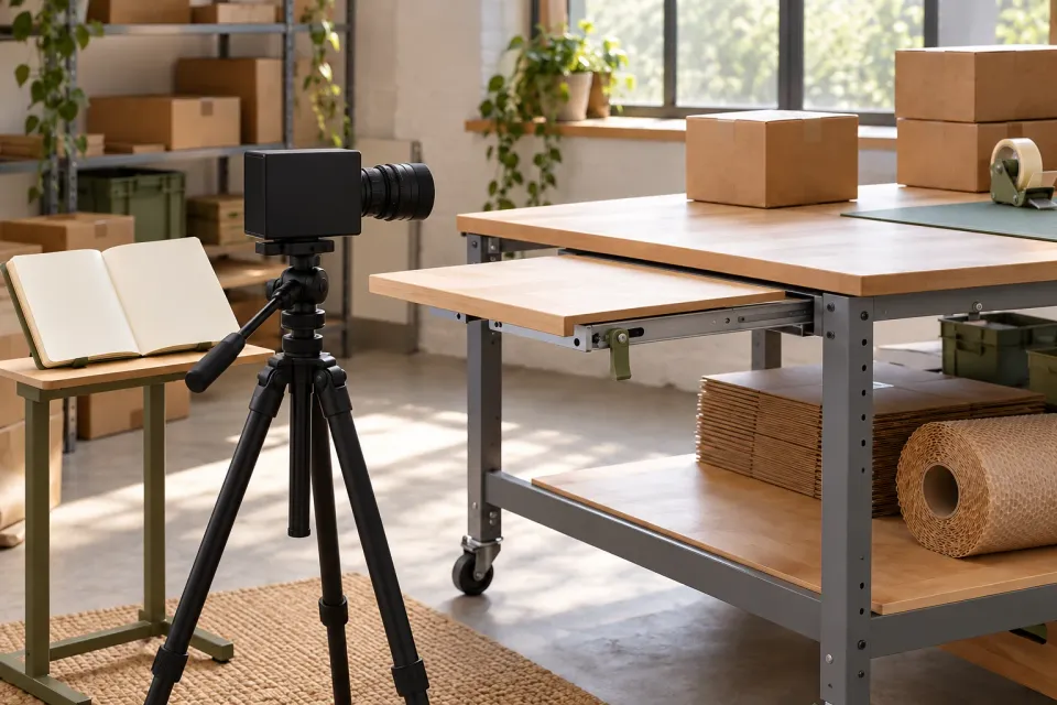 Editorial illustration: A packing table with its extension pulled out beside a video camera and an open blank book.