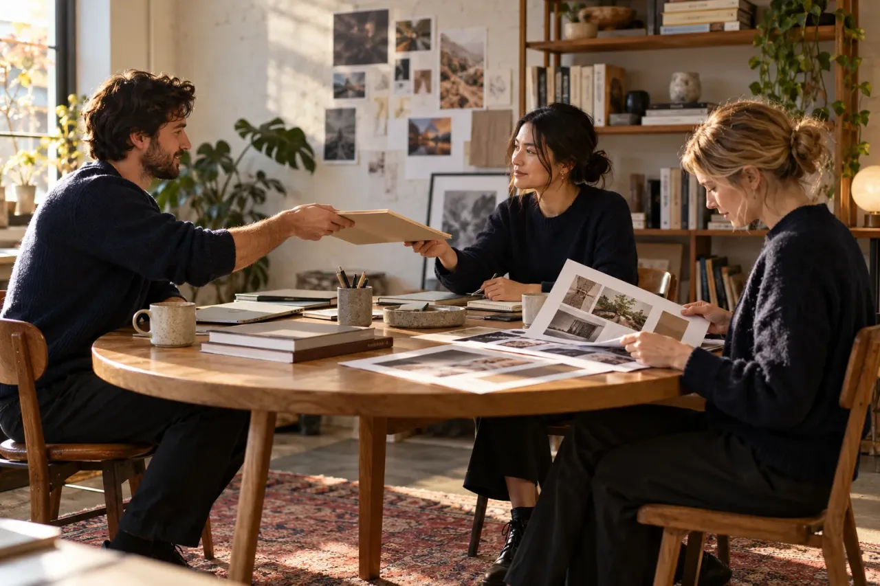 Editorial illustration: three colleagues review materials around a meeting table in a small studio.