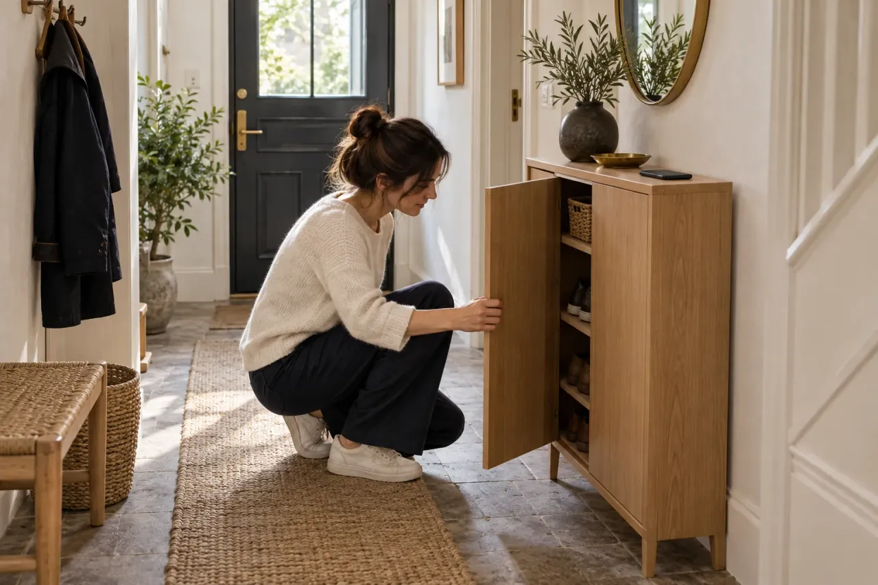 Editorial illustration: a person opens a shallow storage cabinet in a narrow hallway.