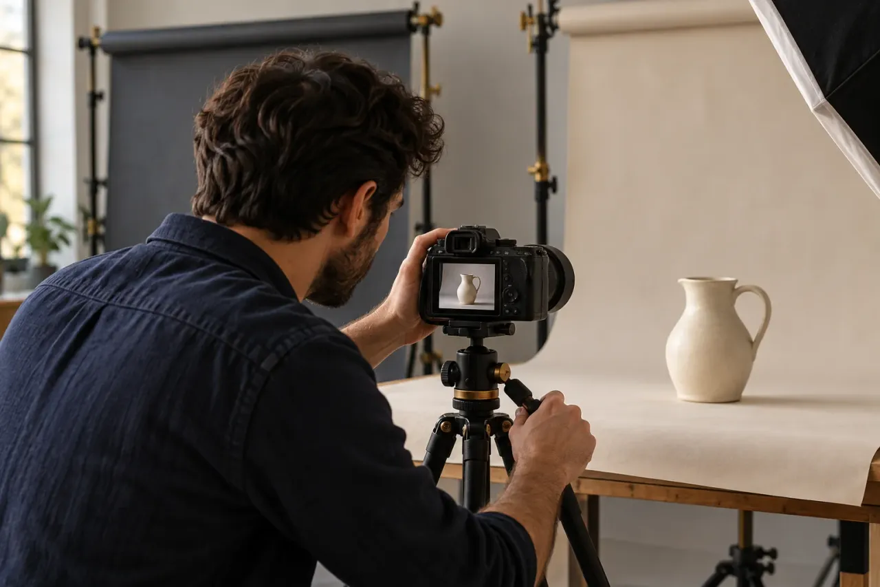 Editorial illustration: a photographer checks the framing of a ceramic jug on a tripod-mounted camera.